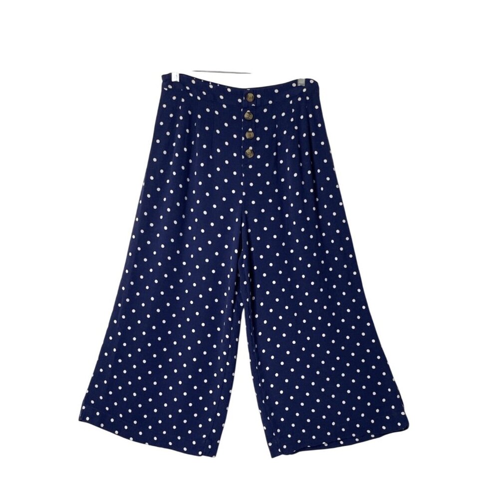 American Eagle Navy Polka Dot Wide-Leg Crop Pants Women's Size M Elastic Waist
